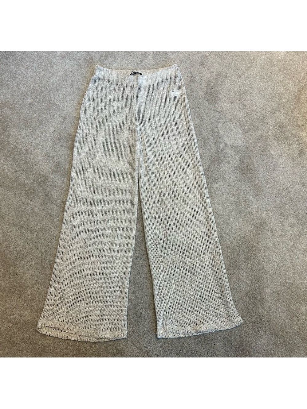 Zara cream-beige metallic sheer crochet knit mesh net pants beach coverup Sz L
